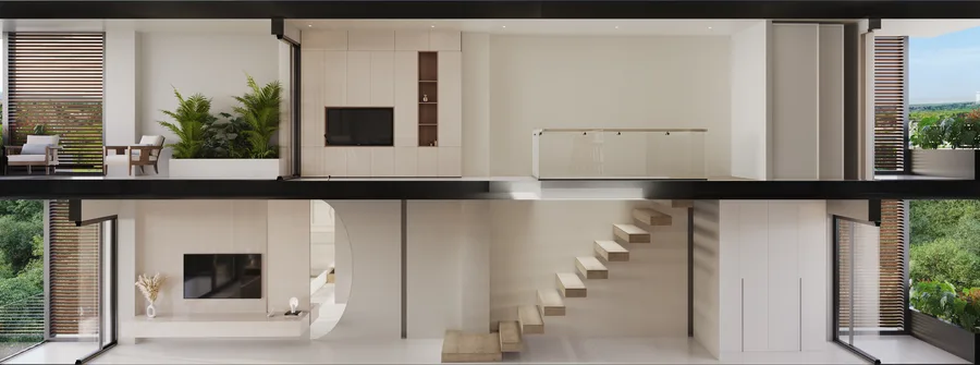 Corte arquitectónico del dúplex de 2 habitaciones: los dos niveles