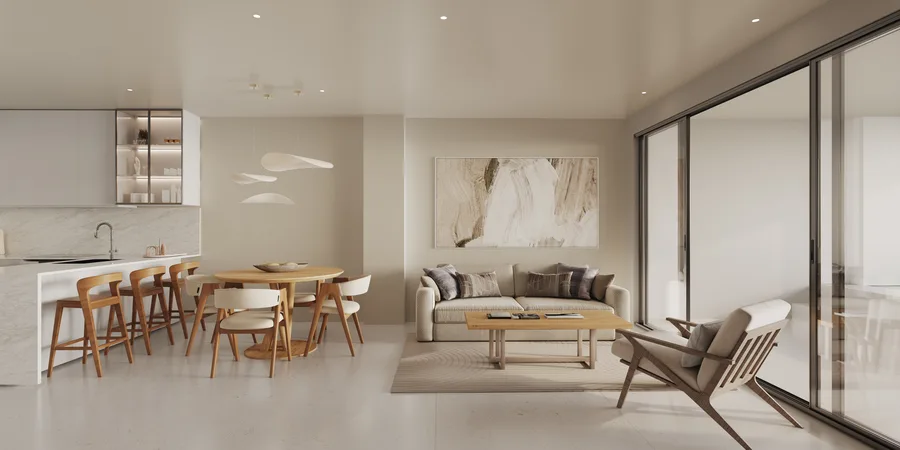 Sala y comedor del dúplex de 2 habitaciones en Galia — nivel 1